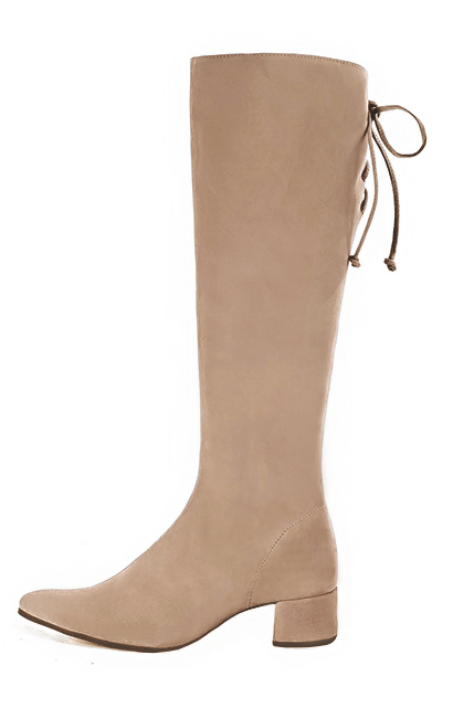 Tan beige women's knee-high boots, with laces at the back. Tapered toe. Low flare heels. Made to measure. Profile view - Florence KOOIJMAN